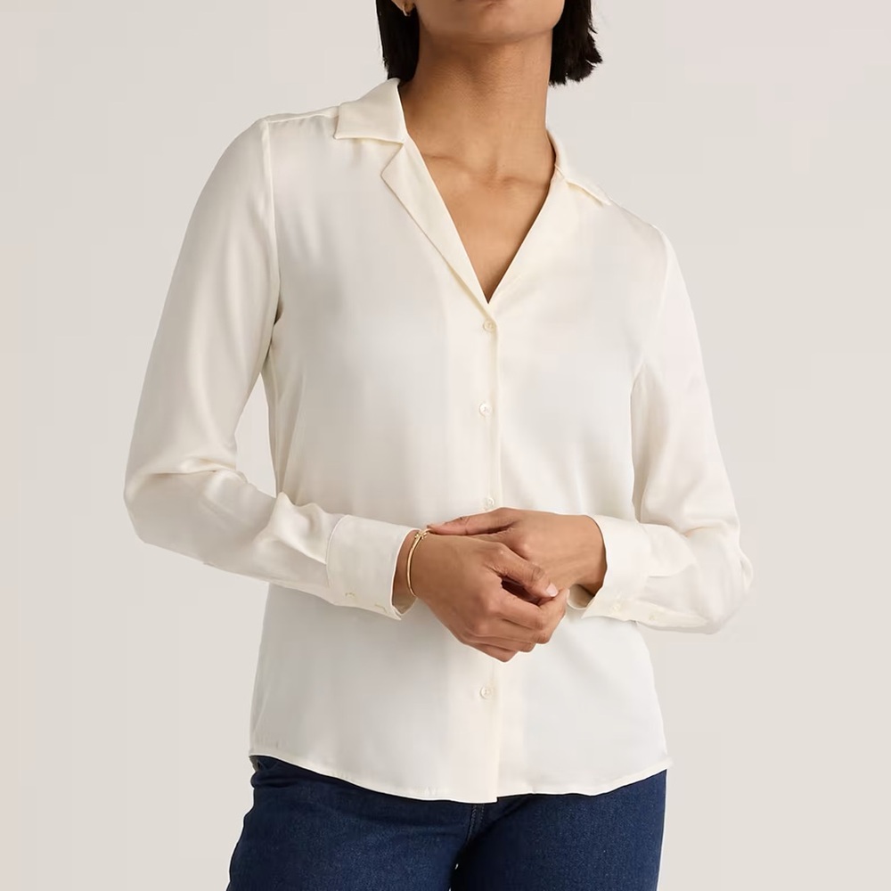 NWT Quince Silk Notch Collar Button Down Shirt - Ivory XS
